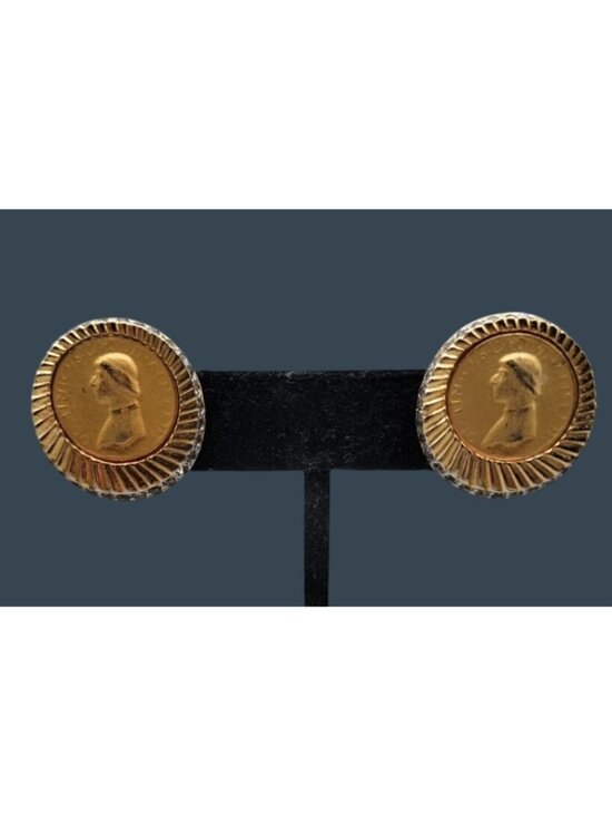 Nettie Rosenstein Jewelry - Vintage Signed Nettie Rosenstein Medici Coin Clip On Earrings Rhinestone Border